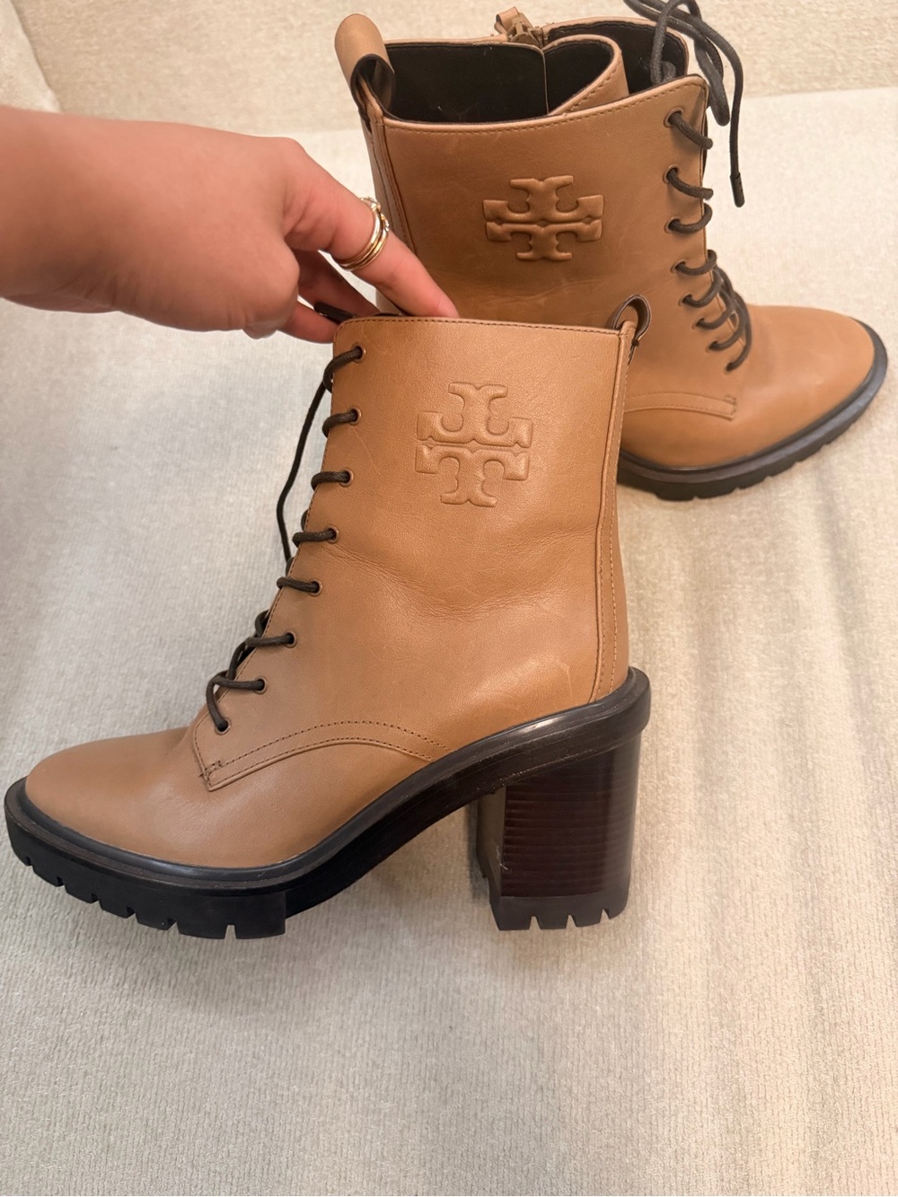 Tory Burch Beige/Tan Lace-Up Lug Heel Boots - Picture 6 of 6